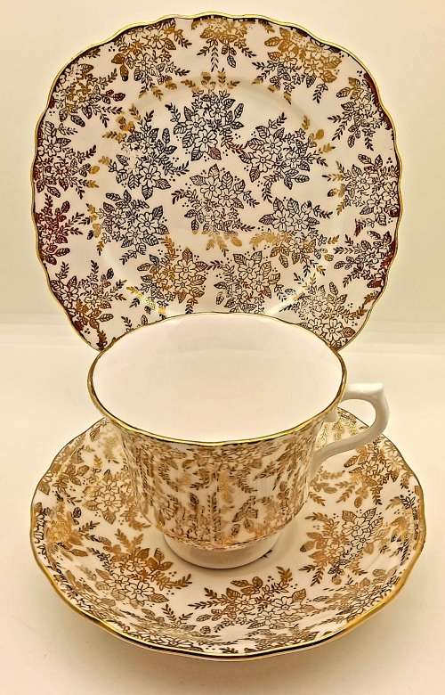 Vintage Genuine Bone China Vale trio made in Longton England white and gold