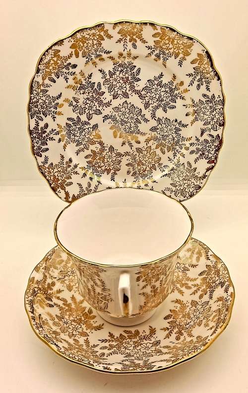 Vintage Genuine Bone China Vale trio made in Longton England white and gold
