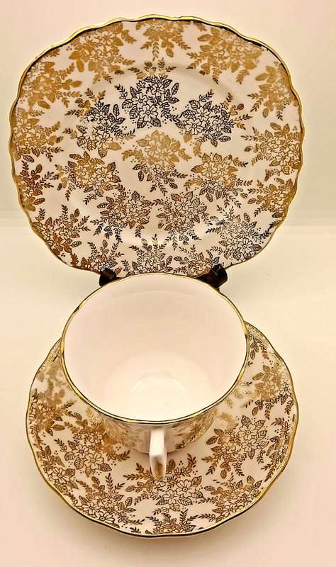 Vintage Genuine Bone China Vale trio made in Longton England white and gold