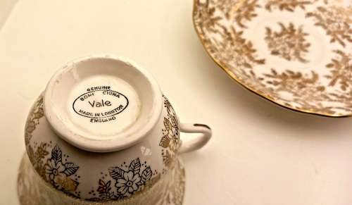 Vintage Genuine Bone China Vale trio made in Longton England white and gold