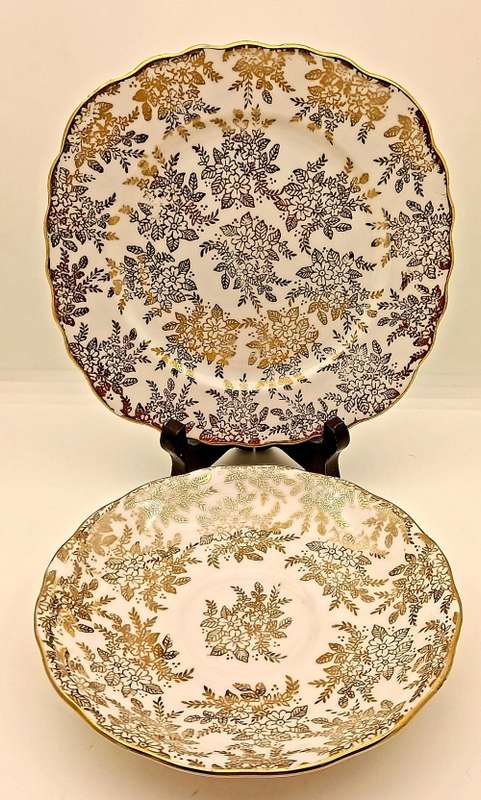 Vintage Genuine Bone China Vale trio made in Longton England white and gold