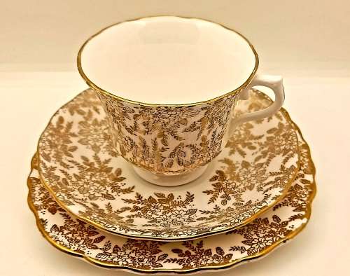 Vintage Genuine Bone China Vale trio made in Longton England white and gold