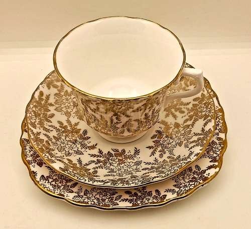 Vintage Genuine Bone China Vale trio made in Longton England white and gold