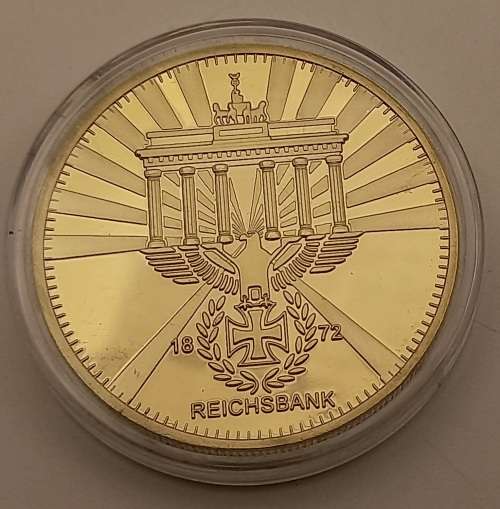 Collectable 1872 REICHSBANK German Iron Cross Eagle Coin, 24K Gold plated  in Capsule