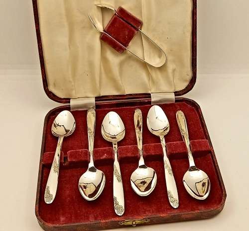 6 Vintage-Angora Silver plated EPNS Tea Spoons and Sugar Tongs in Original box Made in England