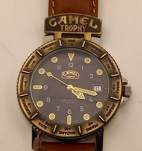 Pre-owned Camel Trophy 10ATM Quartz Adventure Men's Watch- Working- Camel Leather Strap