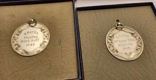 Pair of 1945 Royal Mint Pretoria, Union Defence Force .925 Sterling Silver Shooting Medals - Boxed
