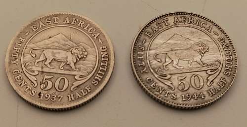 1937 and 1944  East Africa (.250 Silver) 50 Cents - George VI- Circulated