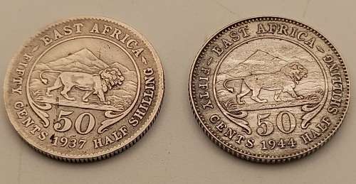 1937 and 1944  East Africa (.250 Silver) 50 Cents - George VI- Circulated