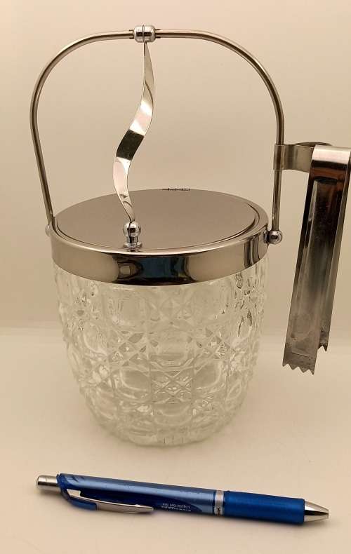 Vintage Cut Glass Ice Bucket with metal lid and Handle Made in Japan