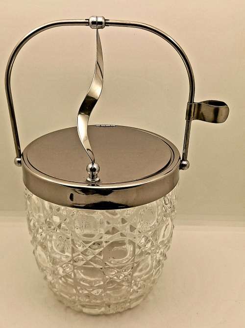 Vintage Cut Glass Ice Bucket with metal lid and Handle Made in Japan