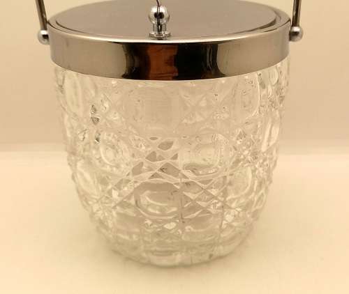 Vintage Cut Glass Ice Bucket with metal lid and Handle Made in Japan