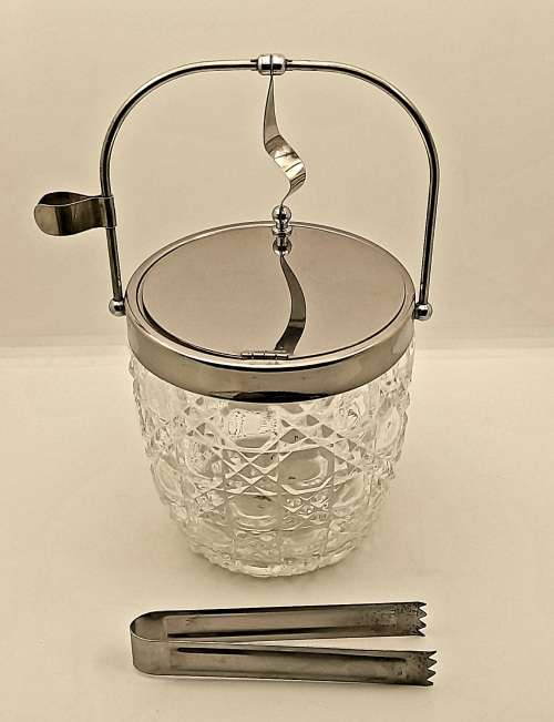 Vintage Cut Glass Ice Bucket with metal lid and Handle Made in Japan