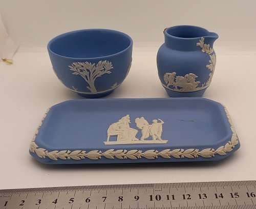 Vintage Blue  `Wedgwood` Jasperware Bowl, Tray and Creamer( ear Damaged )