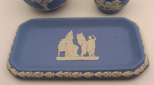 Vintage Blue  `Wedgwood` Jasperware Bowl, Tray and Creamer( ear Damaged )