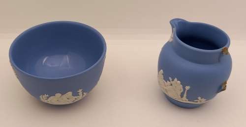 Vintage Blue  `Wedgwood` Jasperware Bowl, Tray and Creamer( ear Damaged )