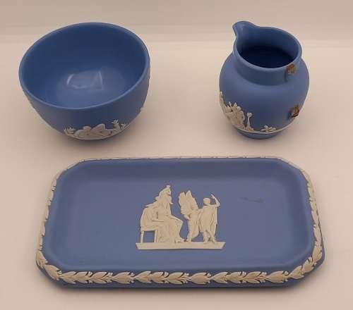 Vintage Blue  `Wedgwood` Jasperware Bowl, Tray and Creamer( ear Damaged )