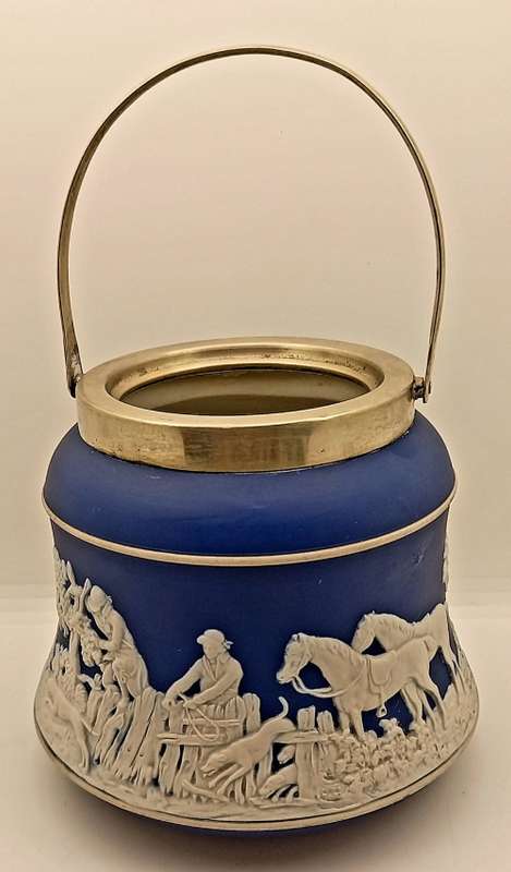 Vintage Blue `Tunstall` Jasperware Jar/Ice Bucket? without Lid with metal Handle