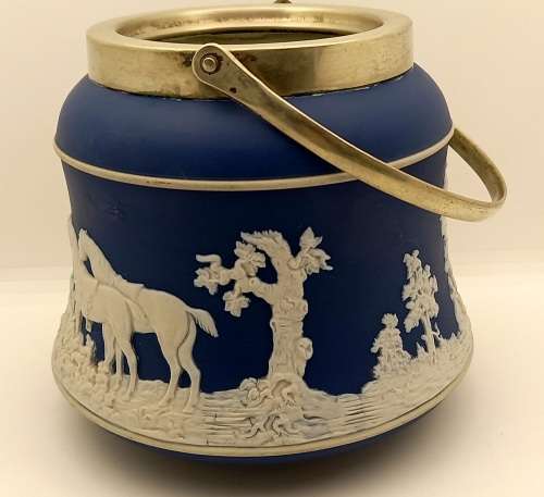 Vintage Blue `Tunstall` Jasperware Jar/Ice Bucket? without Lid with metal Handle