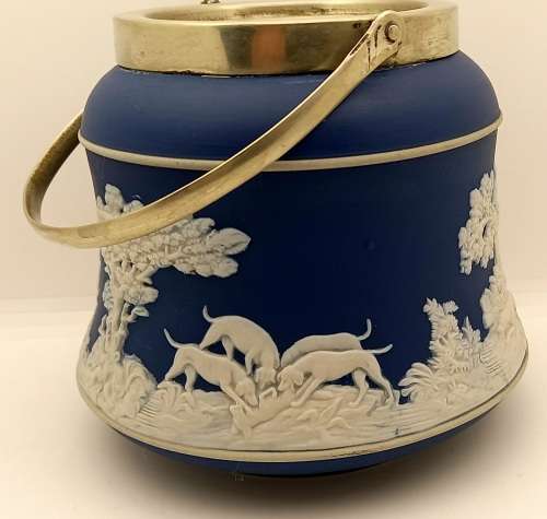 Vintage Blue `Tunstall` Jasperware Jar/Ice Bucket? without Lid with metal Handle