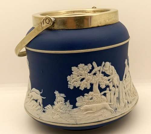 Vintage Blue `Tunstall` Jasperware Jar/Ice Bucket? without Lid with metal Handle