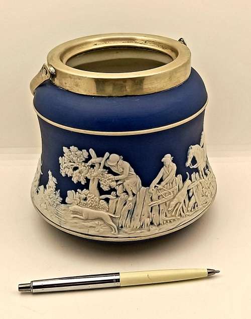 Vintage Blue `Tunstall` Jasperware Jar/Ice Bucket? without Lid with metal Handle
