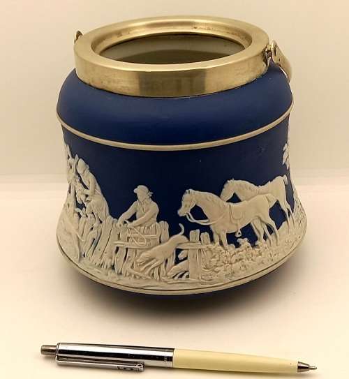 Vintage Blue `Tunstall` Jasperware Jar/Ice Bucket? without Lid with metal Handle