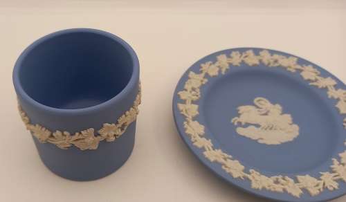 Vintage Blue `Wedgwood` Jasperware  Small Jar  60x60mm and Plate 112mm
