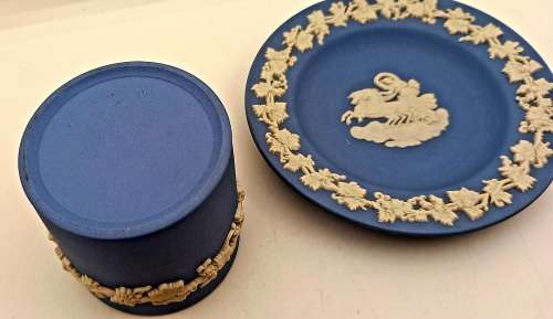 Vintage Blue `Wedgwood` Jasperware  Small Jar  60x60mm and Plate 112mm