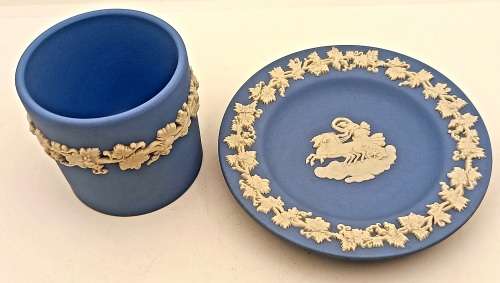 Vintage Blue `Wedgwood` Jasperware  Small Jar  60x60mm and Plate 112mm