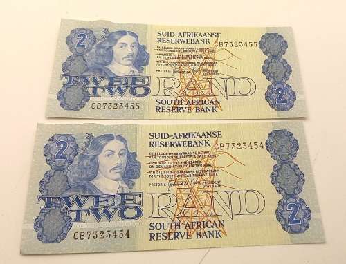 2 x 1984 South Africa GPC de Kock  R2 Notes -UNCIRCULATED with consecutive numbers