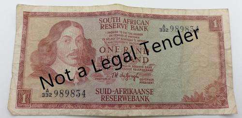 1973 1 Rand -English - Afrikaans - T.W. De jongh-Springbok Watermark