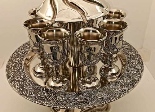Large Vintage Silver plated Kiddush Wine Fountain with 1 Large and 8 smaller Cups