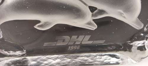 1996 DHL Glass / Crystal DOLPHINS Paperweight 109x210x30mm  885 grams