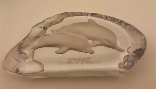 1996 DHL Glass / Crystal DOLPHINS Paperweight 109x210x30mm  885 grams
