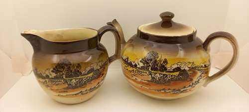 Rare Antique A.J Wilkinson Homeland Series Australia Royal Staffordshire Teapot and Creamer