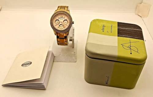 Fossil 5ATM ES3590 Stella Rose Dial Gold-tone Stainless Steel Ladies Quarts Watch- Working