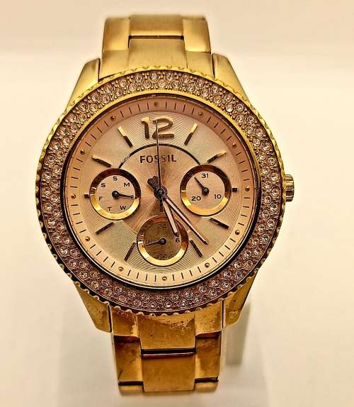 Fossil 5ATM ES3590 Stella Rose Dial Gold-tone Stainless Steel Ladies Quarts Watch- Working