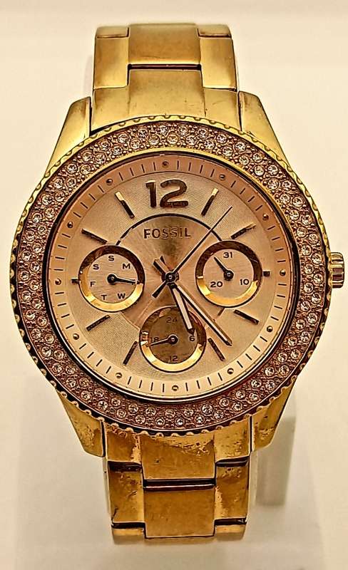 Fossil 5ATM ES3590 Stella Rose Dial Gold-tone Stainless Steel Ladies Quarts Watch- Working