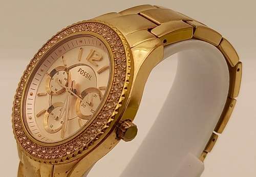 Fossil 5ATM ES3590 Stella Rose Dial Gold-tone Stainless Steel Ladies Quarts Watch- Working