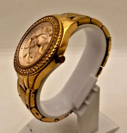 Fossil 5ATM ES3590 Stella Rose Dial Gold-tone Stainless Steel Ladies Quarts Watch- Working