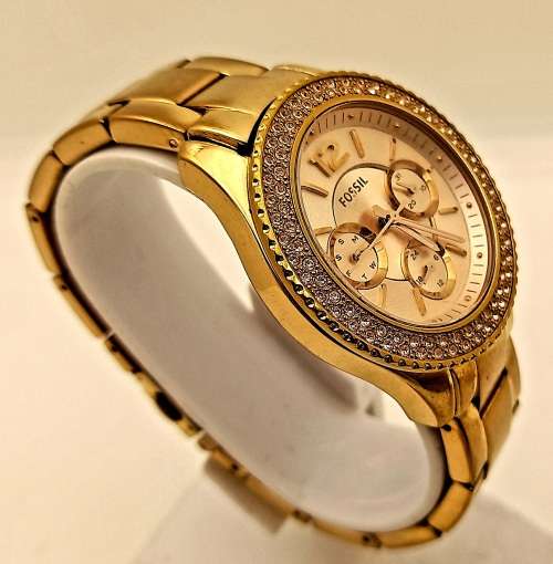 Fossil 5ATM ES3590 Stella Rose Dial Gold-tone Stainless Steel Ladies Quarts Watch- Working