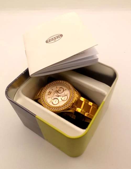 Fossil 5ATM ES3590 Stella Rose Dial Gold-tone Stainless Steel Ladies Quarts Watch- Working