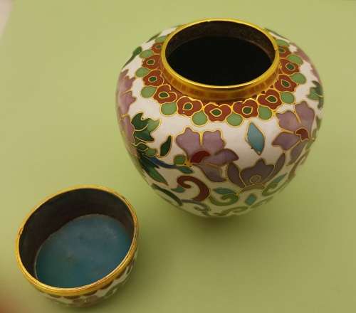 Vintage Miniature Cloisonne Chinese Enamel Gold Gilded Metal Ginger Jar -70x60mm