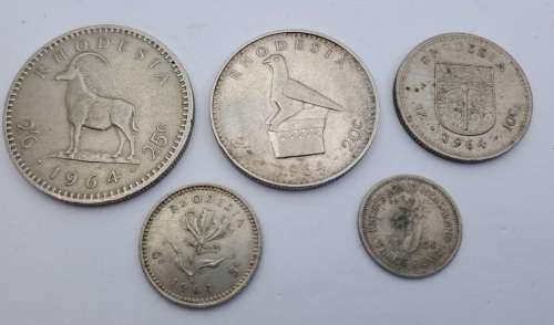 1964 Rhodesia coins 25c(2½ Shillings ),20c( 2 Shillings),10c(1 shilling)sixpence and 3 pence