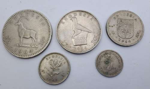 1964 Rhodesia coins 25c(2½ Shillings ),20c( 2 Shillings),10c(1 shilling)sixpence and 3 pence