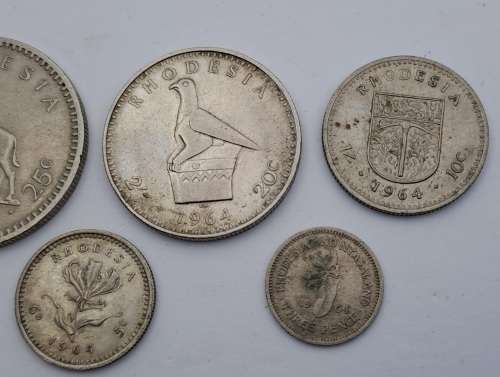 1964 Rhodesia coins 25c(2½ Shillings ),20c( 2 Shillings),10c(1 shilling)sixpence and 3 pence
