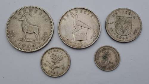 1964 Rhodesia coins 25c(2½ Shillings ),20c( 2 Shillings),10c(1 shilling)sixpence and 3 pence
