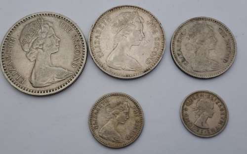 1964 Rhodesia coins 25c(2½ Shillings ),20c( 2 Shillings),10c(1 shilling)sixpence and 3 pence