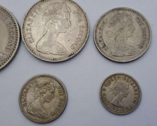 1964 Rhodesia coins 25c(2½ Shillings ),20c( 2 Shillings),10c(1 shilling)sixpence and 3 pence